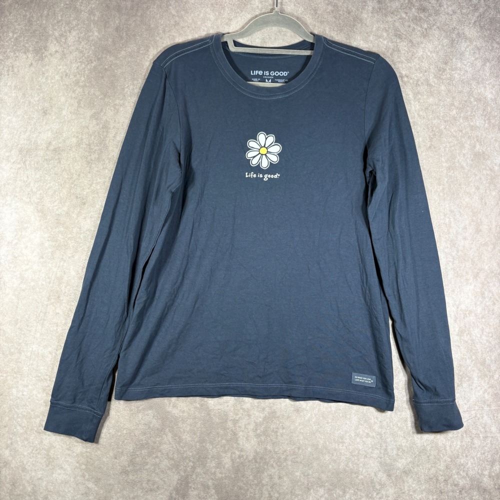 Life is Good Shirt Women M Blue Daisy Crusher Long Sleeve Graphic Cotton Casual
